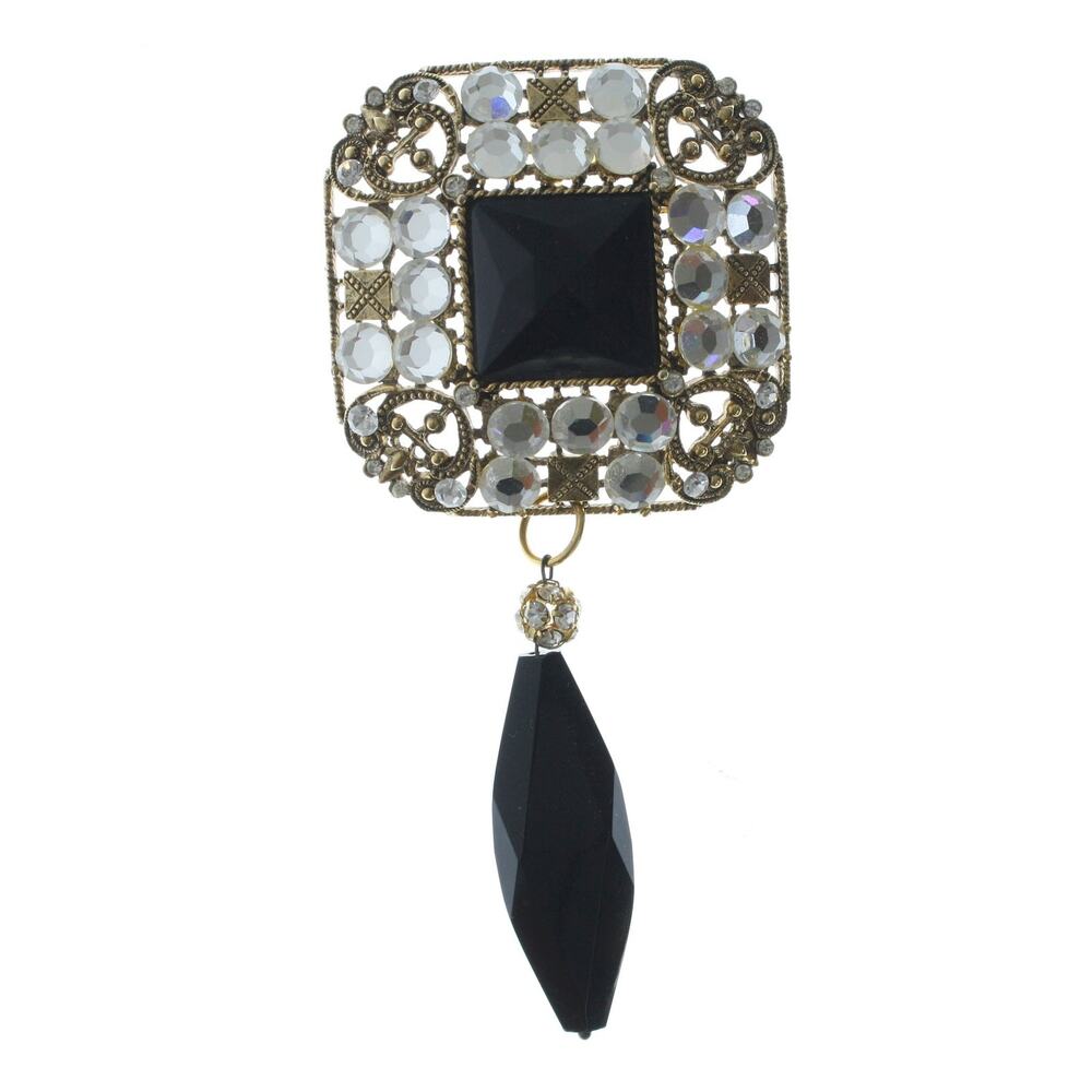 1950s Vintage Black Glass Rhinestone Dangle Brooch Brass Tone Statement